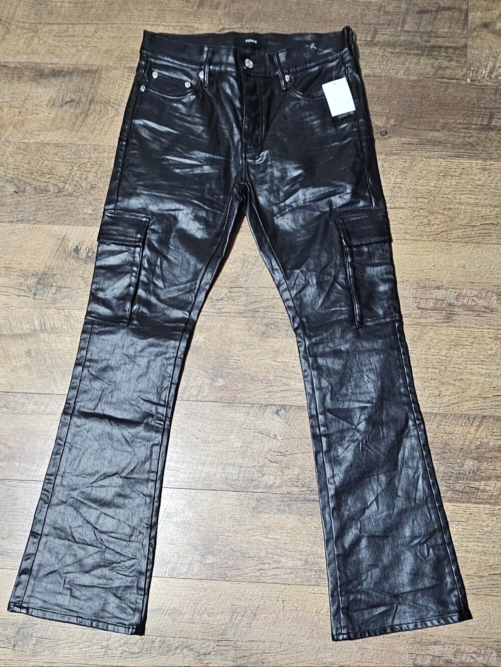 Purple Brand P004 Patent Film Cargo Jeans Black Men’s Size 31x32 NWT